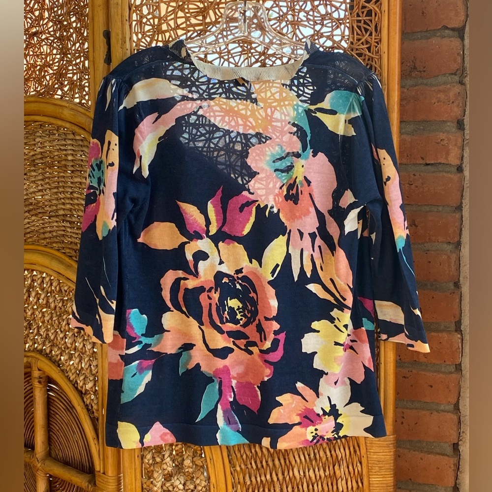 Boston Proper Multicolor Floral Cardigan Ruffled Collar Tie Closure